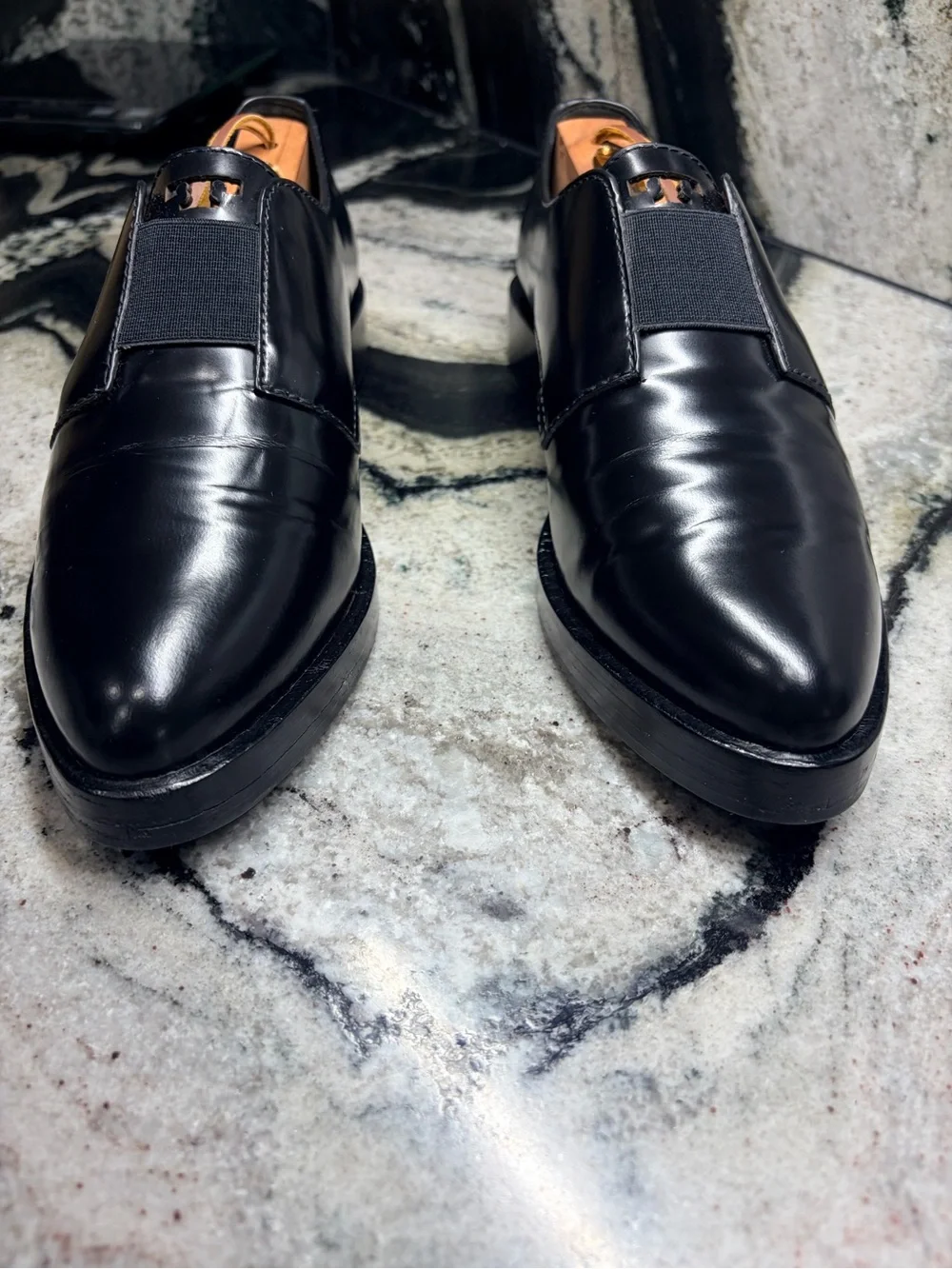 Tory Burch Black Patent Leather Elastic Strap Loafers Shoes 7.5M Italy